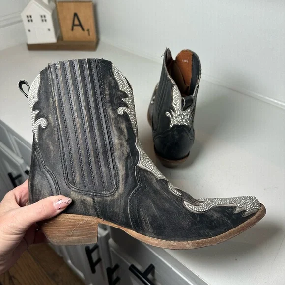 Dan Post Western Ankle Boots Women’s 9.5 Black Leather w/ Silver Inlay Cowboy - Picture 7 of 9